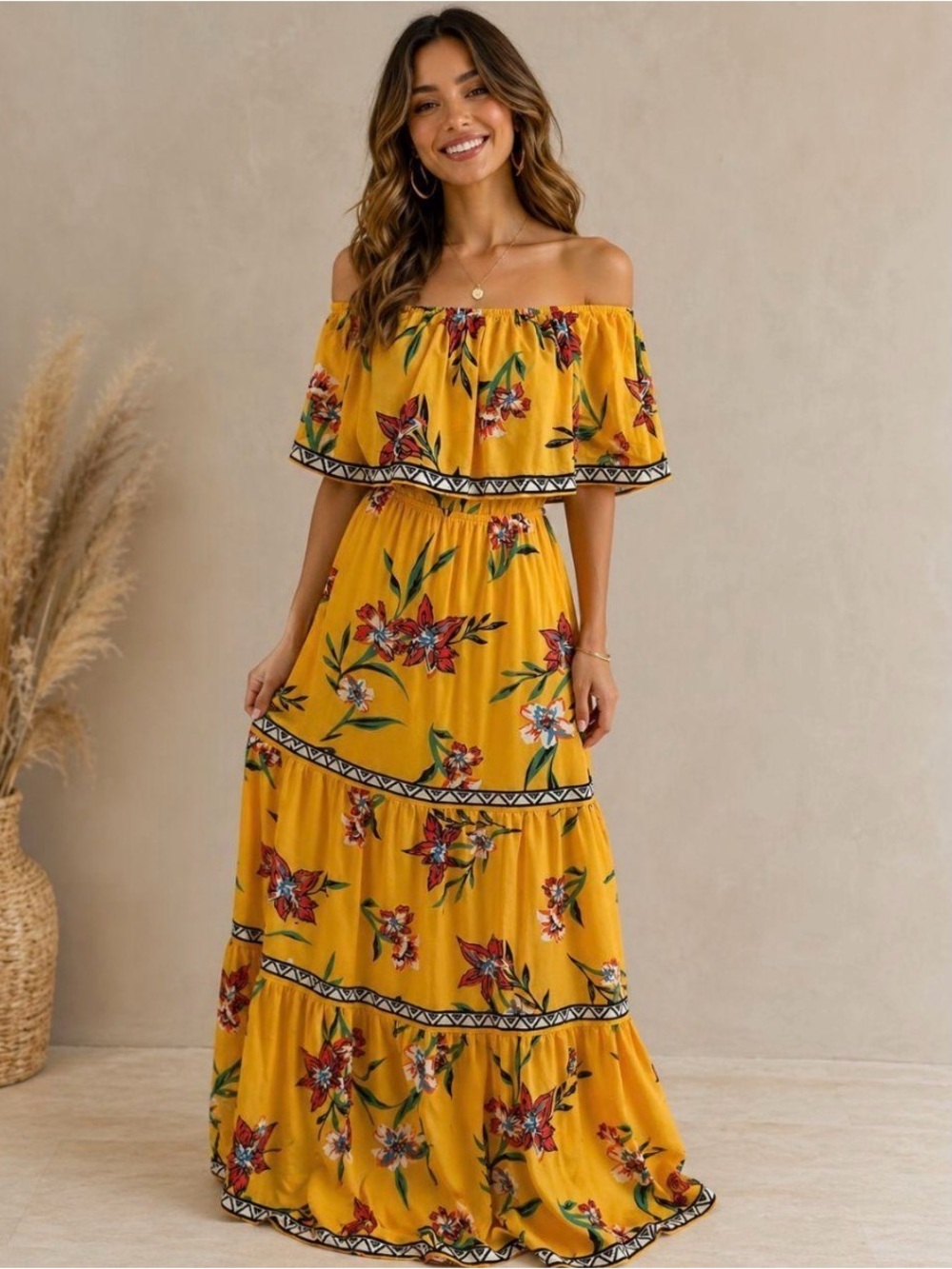 Lulus Yellow Floral Off-Shoulder Maxi Dress